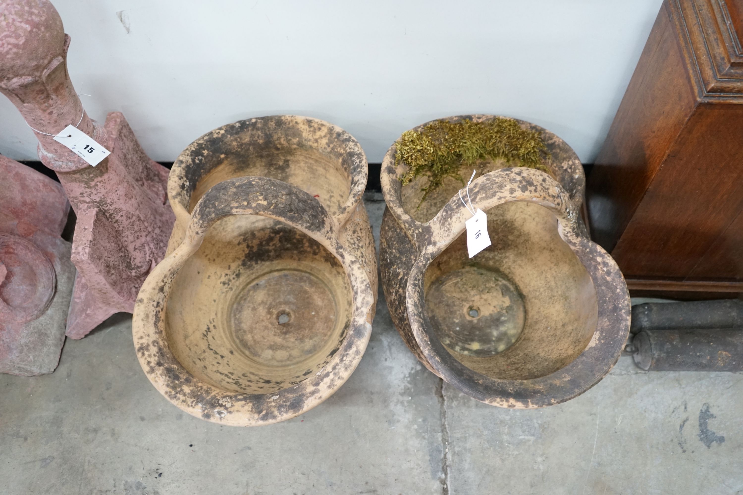 A pair of French terracotta basket garden planters, width 34cm, length 52cm, height 42cm